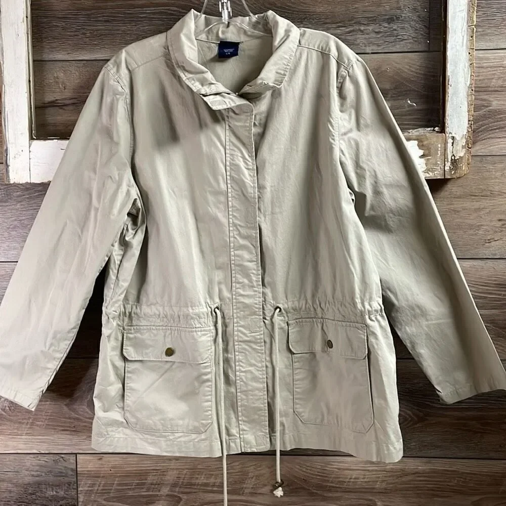 BASIC EDITION Khaki Outdoor Utility Jacket Drawstring Waist Deep Pockets Size L